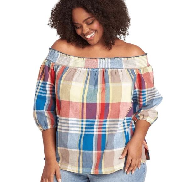 Lane Bryant NWT Off Shoulder Madras Plaid Linen Blend Top 18/20P (Plus Petite) - Picture 1 of 8